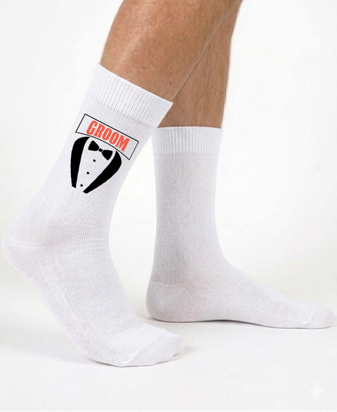 White socks with a tuxedo graphic and 'GROOM' text on a white background