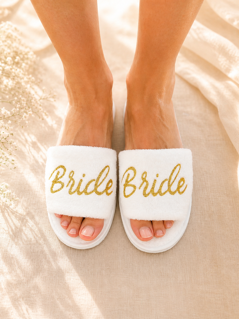 White slippers with 'Bride' text on a beige fabric background