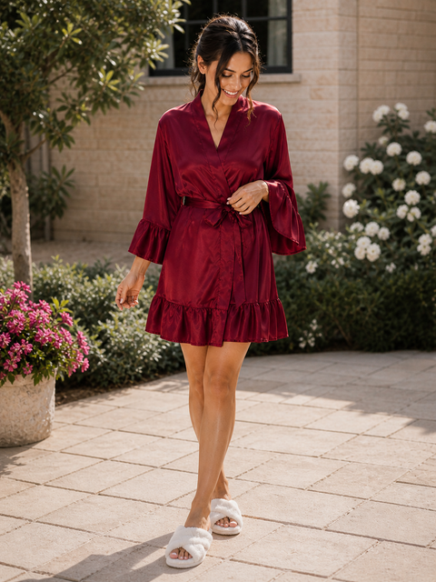 Harper Ruffled Robe - Burgundy and White