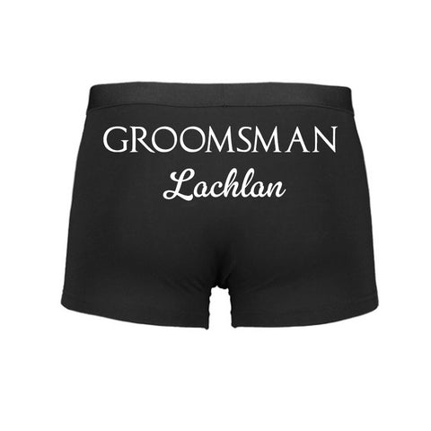 Black boxer briefs with 'GROOMSMAN Lachlan' text on a white background