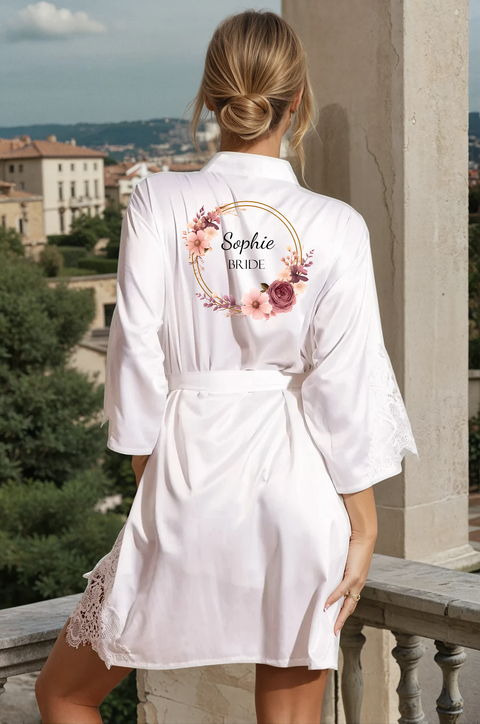 Wreath Customised Penny Lace Trim Robe - Dusty Blue and White