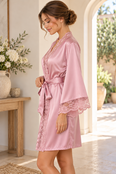 Sofia Lace Trim Robe - Dusky Pink and White