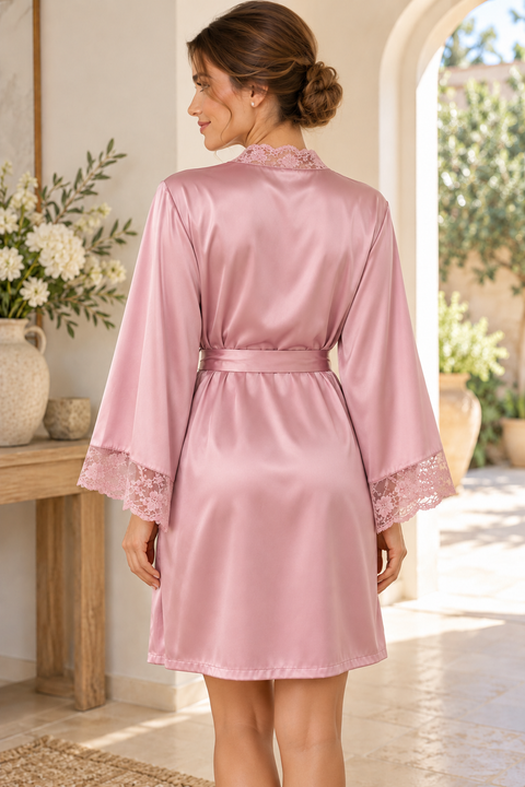 Sofia Lace Trim Robe - Dusky Pink and White